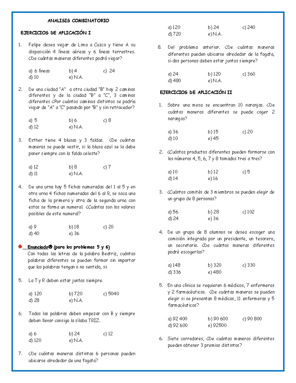 ANÁLISIS COMBINATORIO Y PROBABILIDADES EJERCICIOS CLASE 1 - Studocu