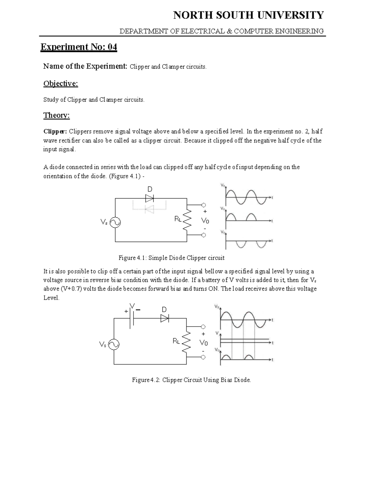 EEE 111 Lab Manual: Experiment 04 - Clipper and Clamper Circuits - Studocu