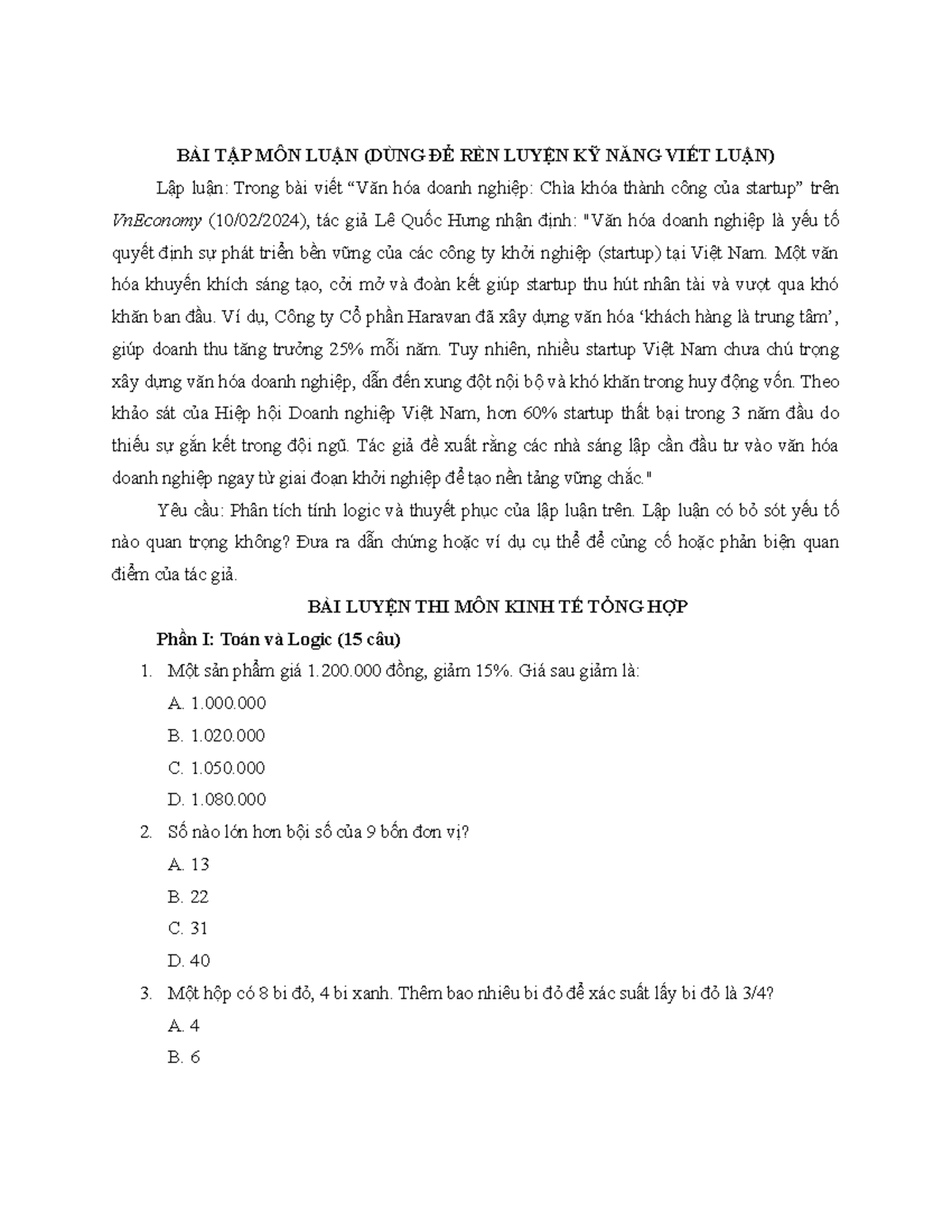ĐỀ LUYỆN THI MÔN KINH TẾ TỔNG HỢP VÀ KỸ NĂNG VIẾT LUẬN - Document Preview