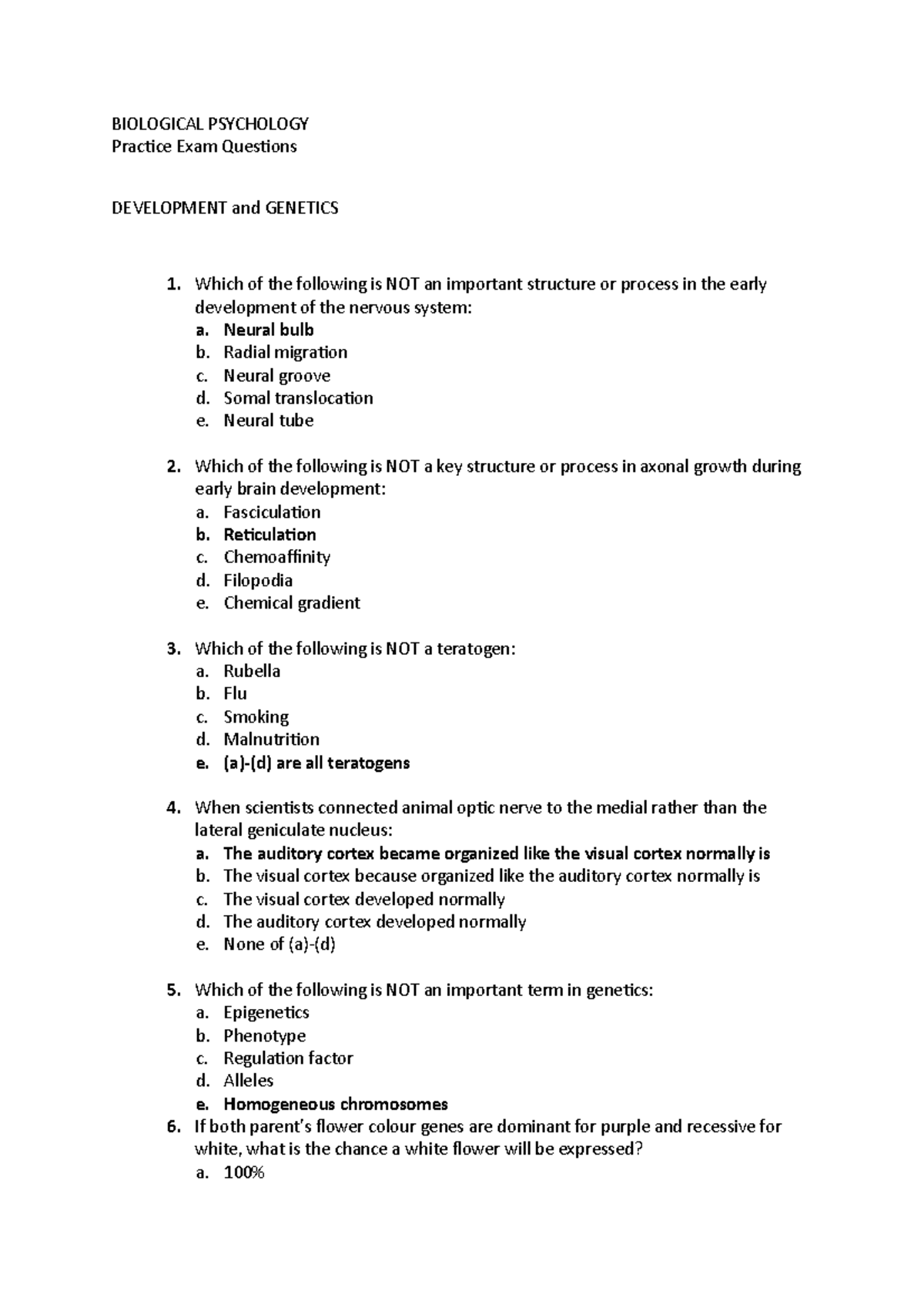 BIO 101 Practice Exam Questions on Biological Psychology - Studocu