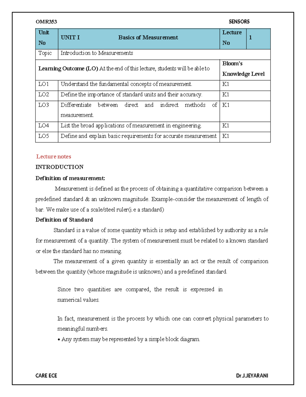 OMR353 Lecture Notes: Introduction to Measurement and Sensors - Studocu