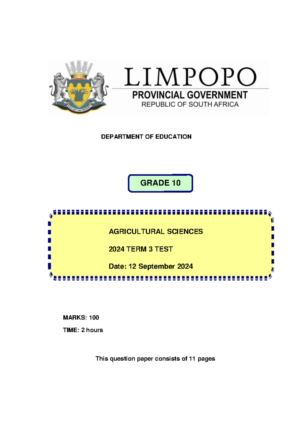 AGRS 10 Term 3 Test Question Paper - September 2024 - Studocu