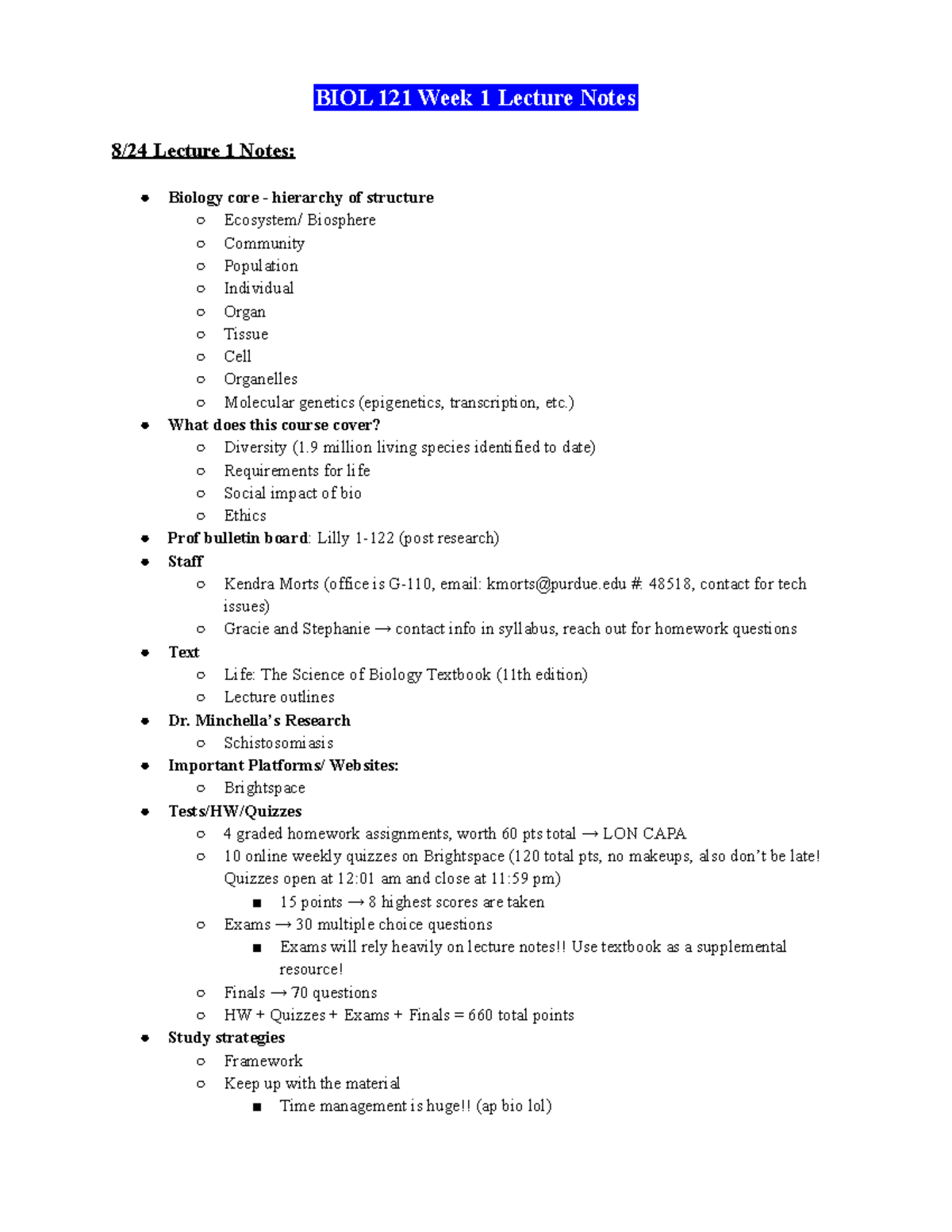 BIOL 121 Week 1 Lecture Notes + Textbook Overview and Strategies - Studocu