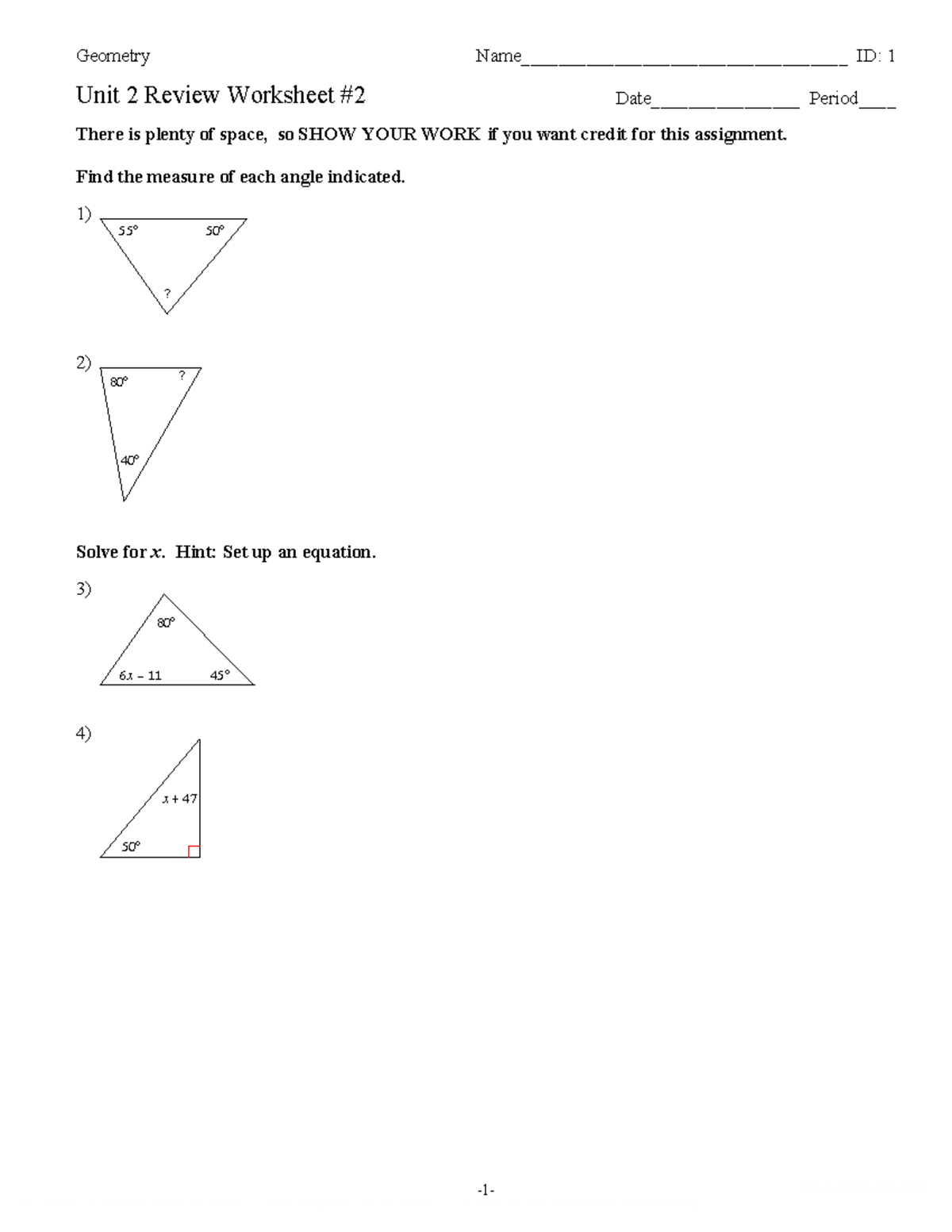 Geometry ID: 1 Unit 2 Review Worksheet - Angle Measures & Equations ...