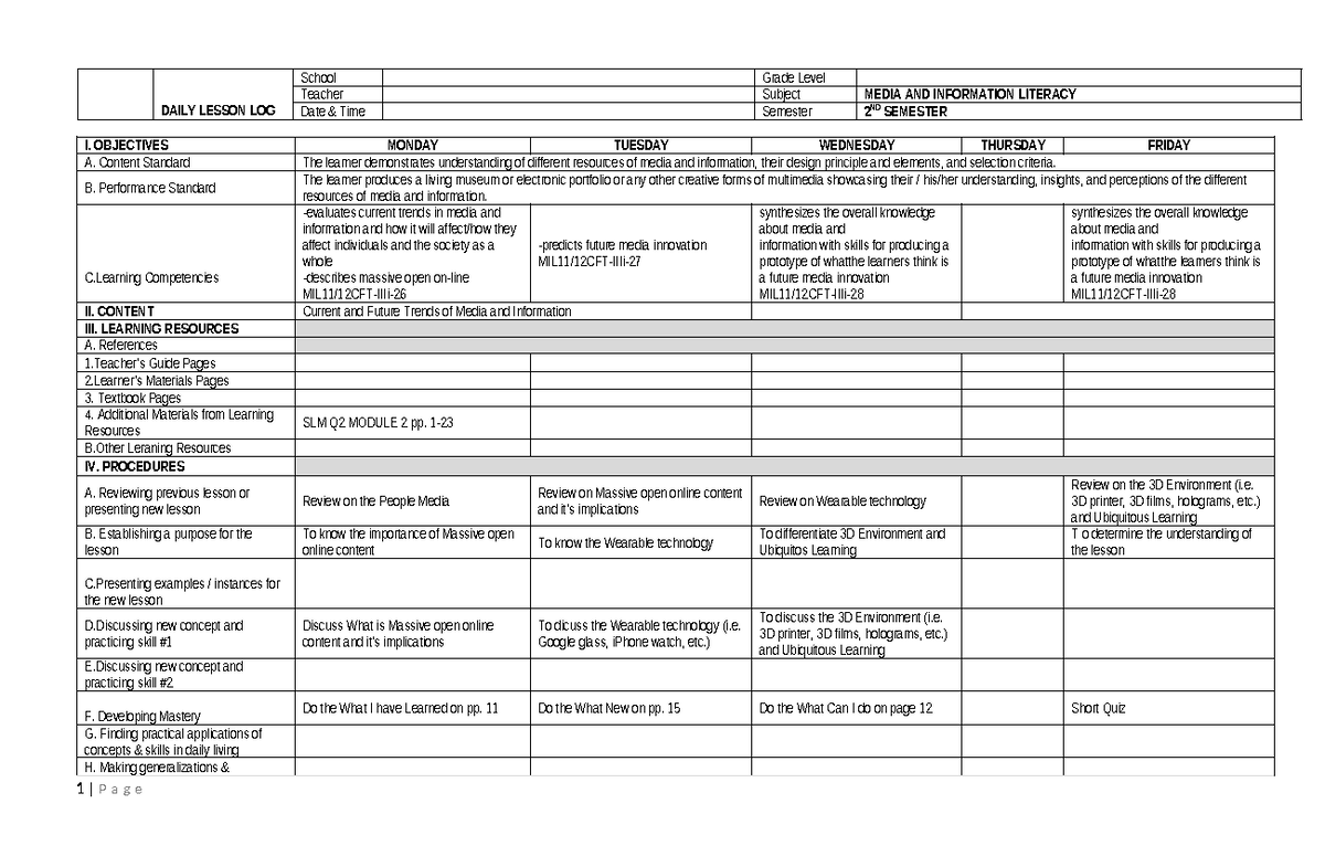 DLL-MIL Q2 W2 - Daily Lesson Log for Media and Information Literacy ...