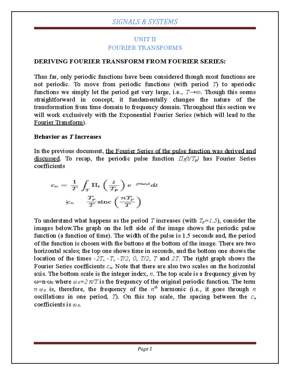 UNIT II - signals and systems notes - UNIT II FOURIER TRANSFORMS ...