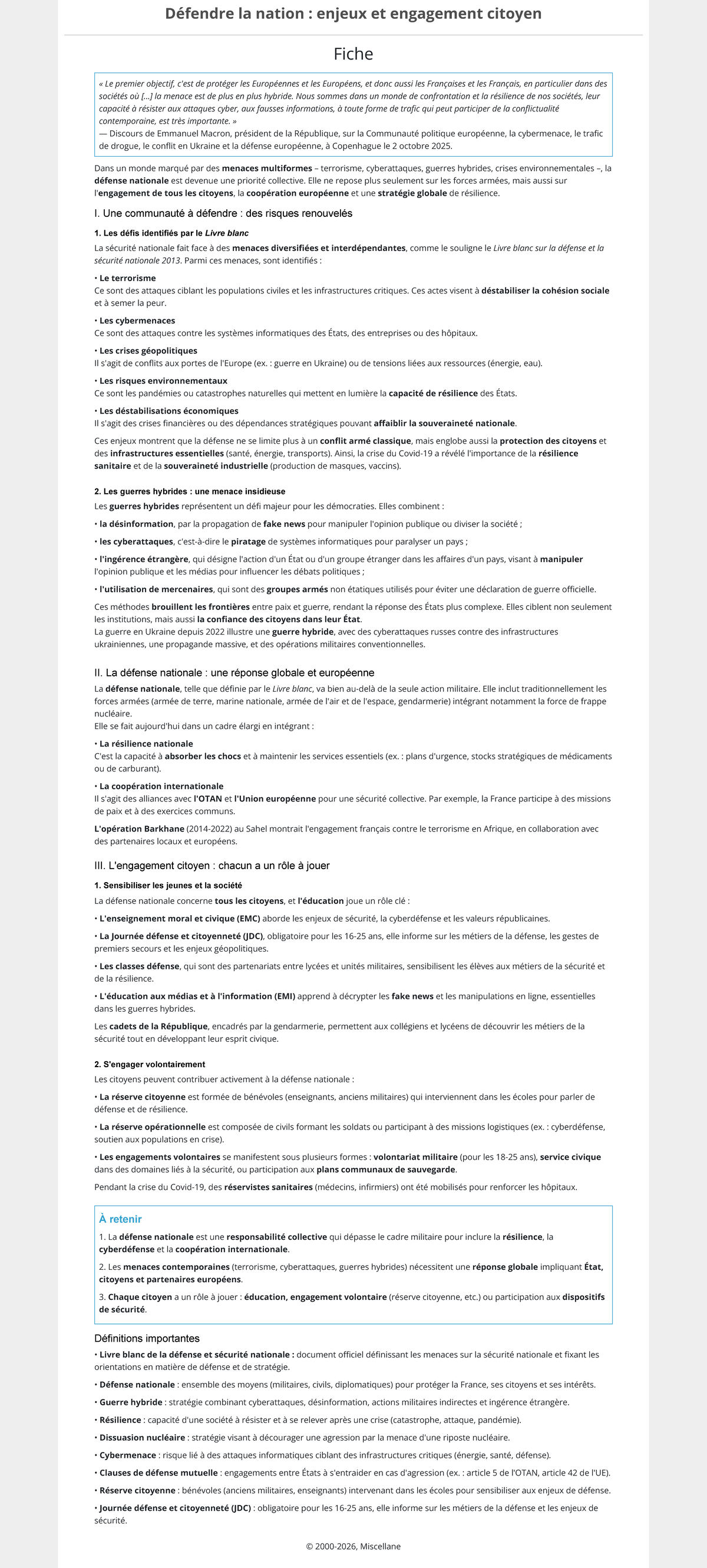 3. Défendre la Nation : Enjeux et Engagement Citoyen - Fiche de ...