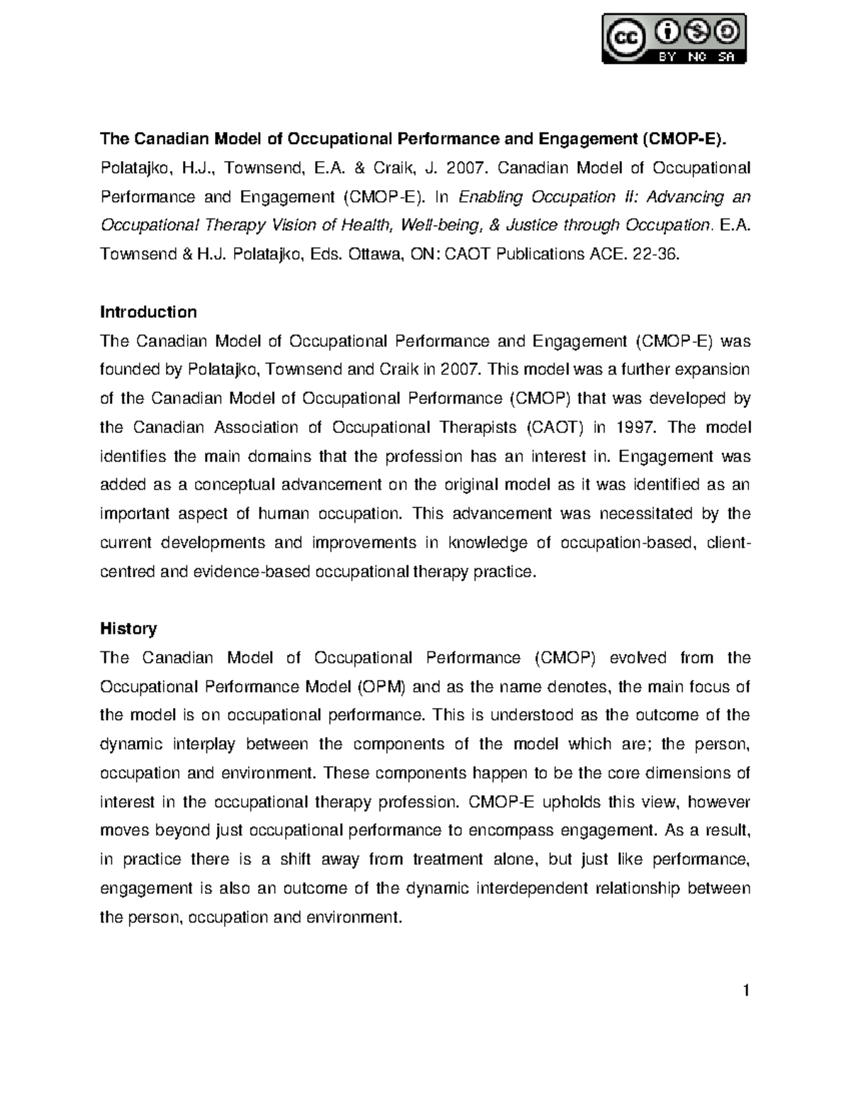 Canadian Model of Occupational Performance & Engagement (CMOP-E ...