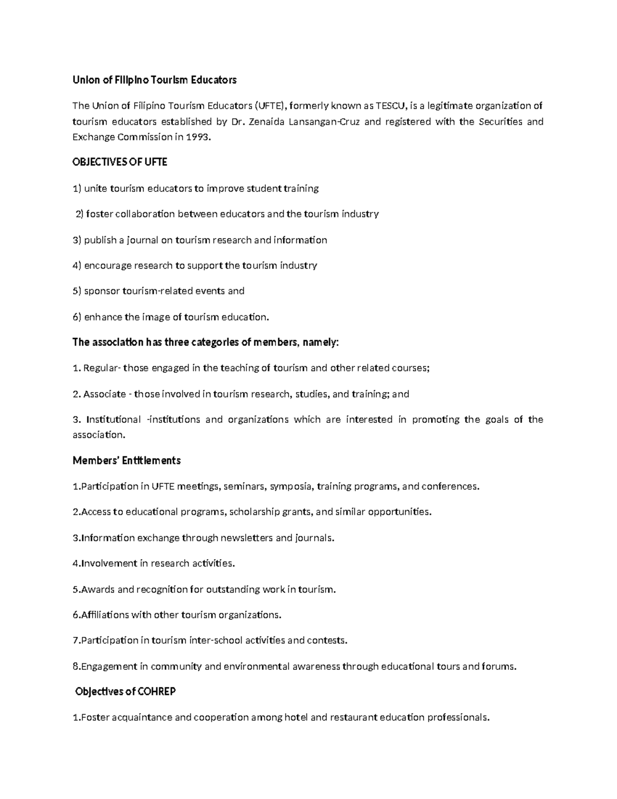 Union of Filipino Tourism Educators: Objectives and Membership Overview ...