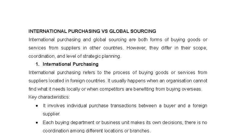 EBMV202 International Purchasing vs Global Sourcing Exam Resource - Studocu