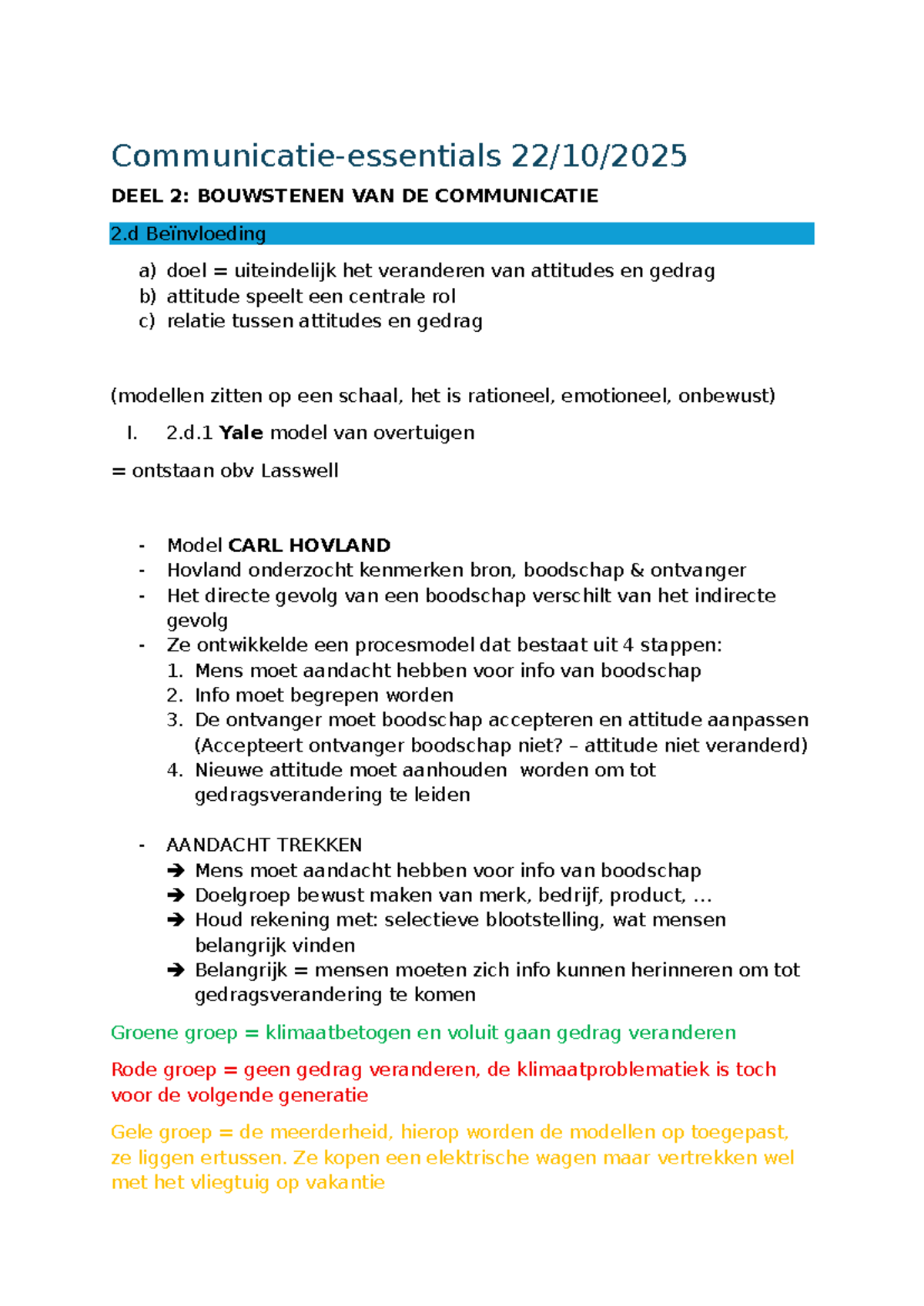 Communicatie-essentials DEEL 2: Beïnvloeding en Attitudes (CMM 22-10 ...