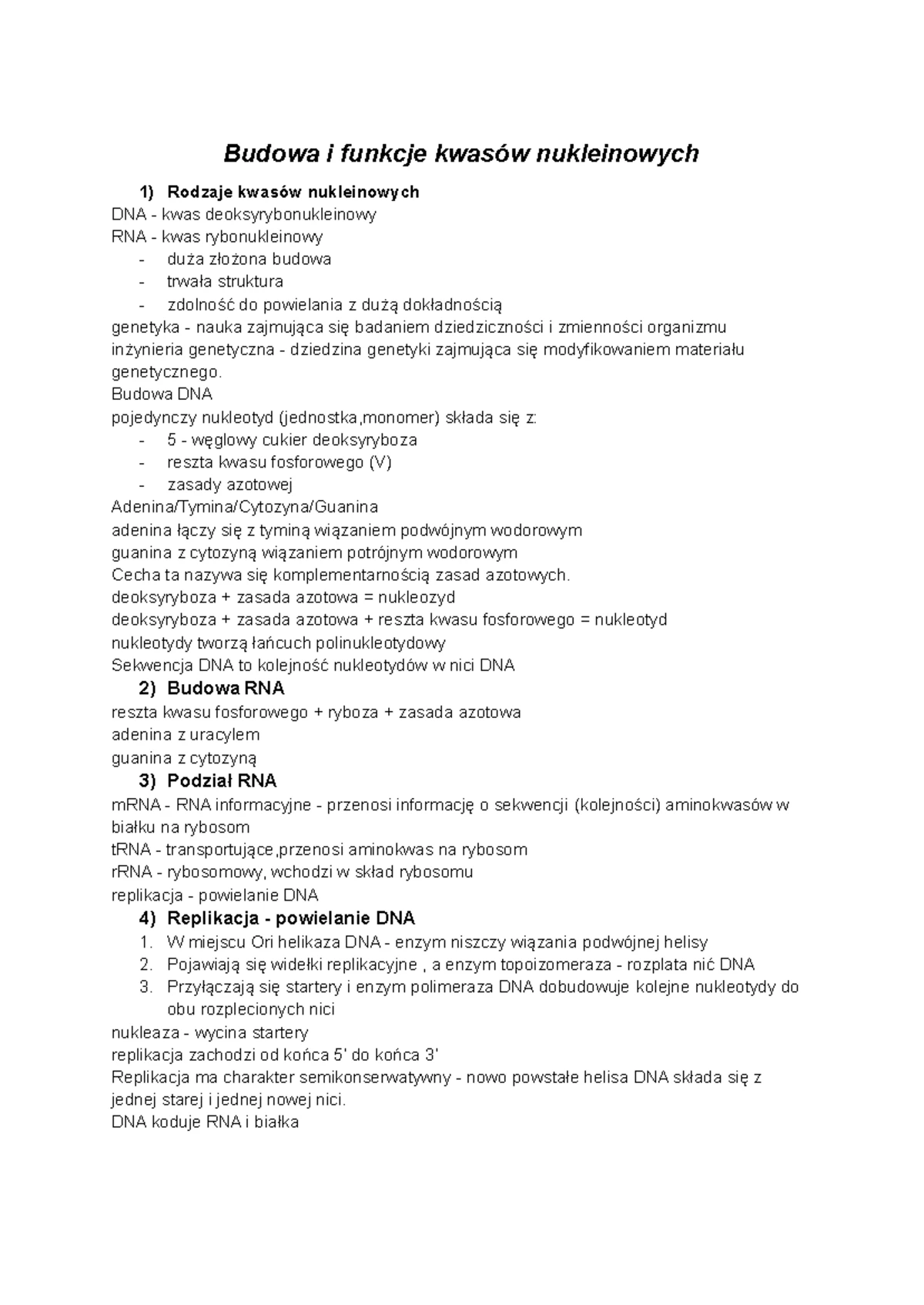 Sprawdzian Z Biologii Budowa I Funkcje Kwasów Nukleinowych
