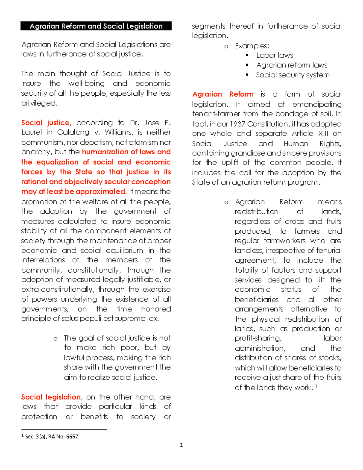 Agrarian Reform Notes: Social Legislation Insights and Framework - Studocu