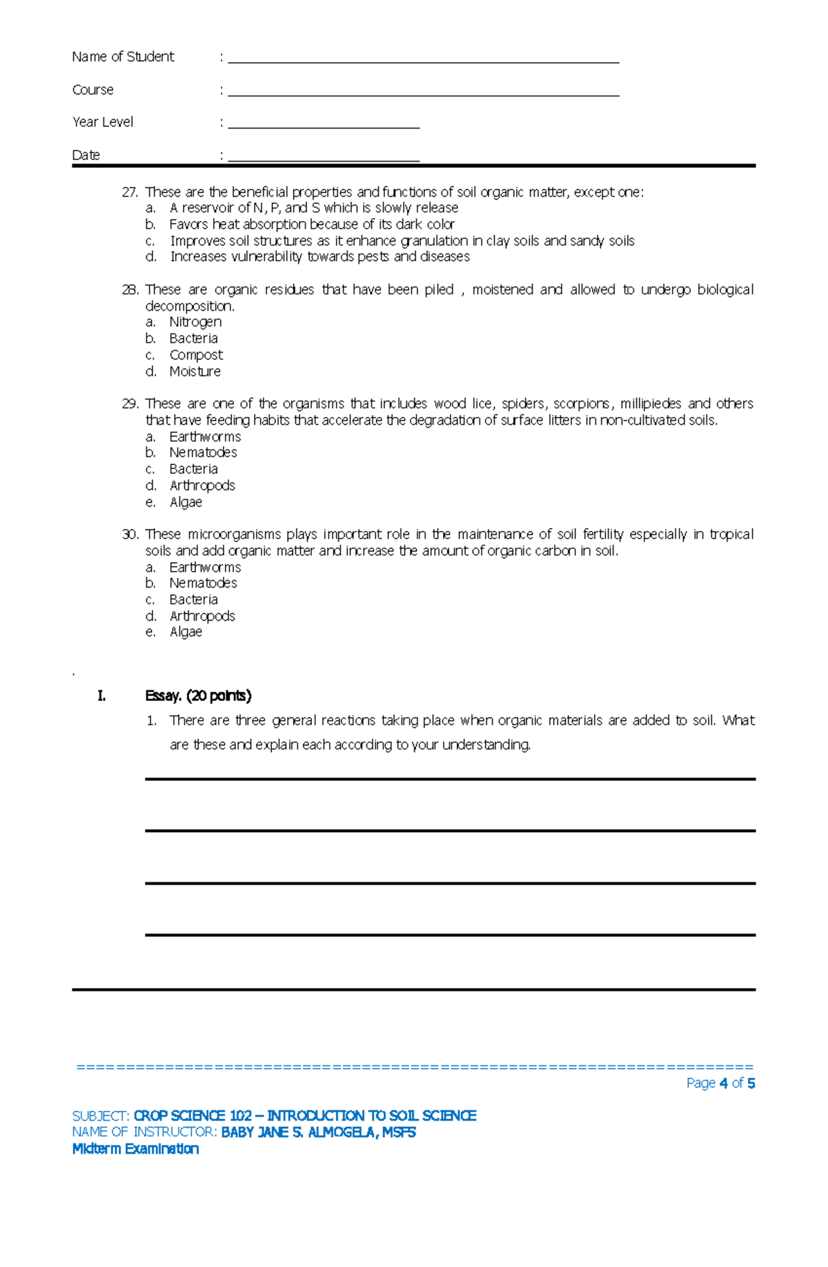 CROP SCI 102 - Midterm Exam: Introduction to Soil Science Insights ...