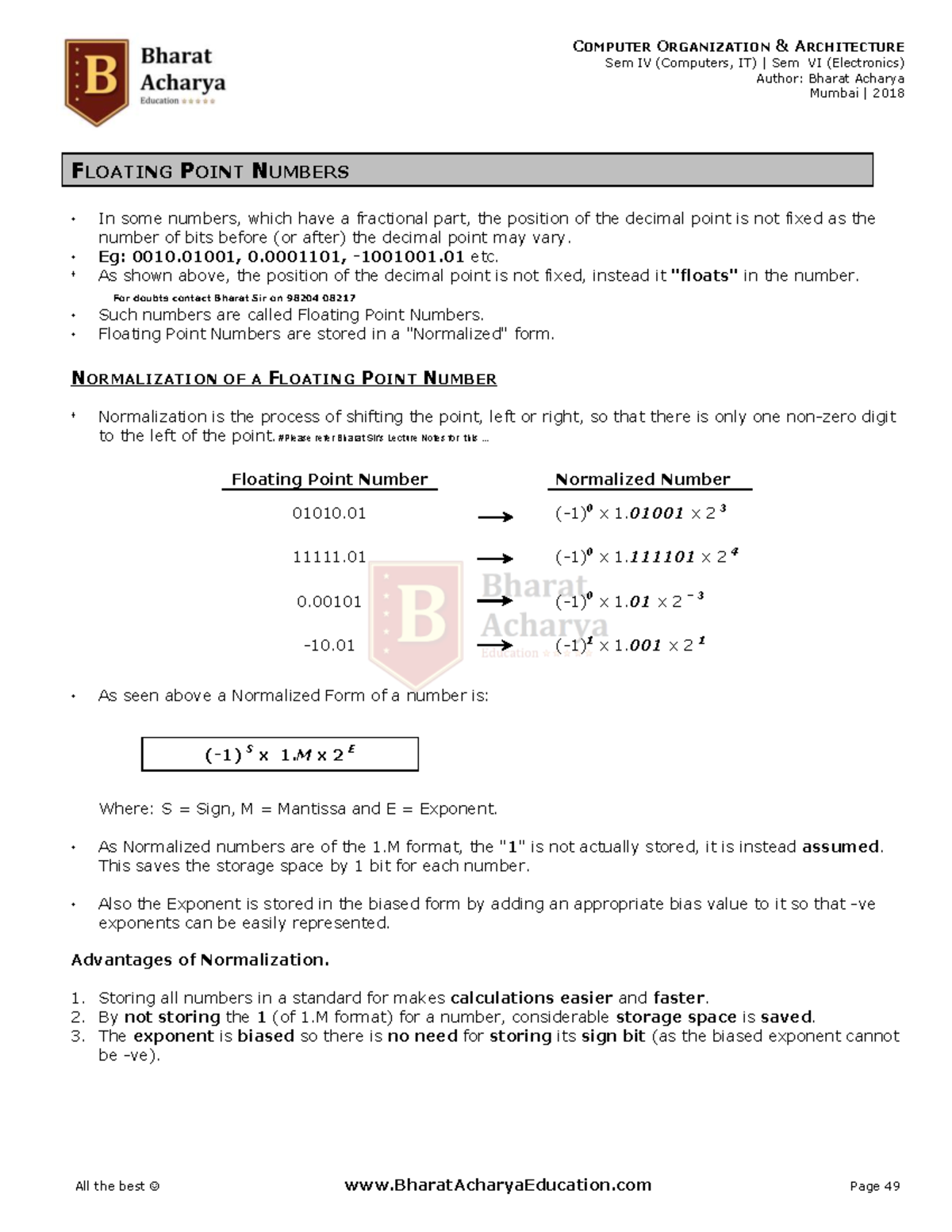 COA Sem IV & VI: Floating Point Number Formats & Normalization - Studocu