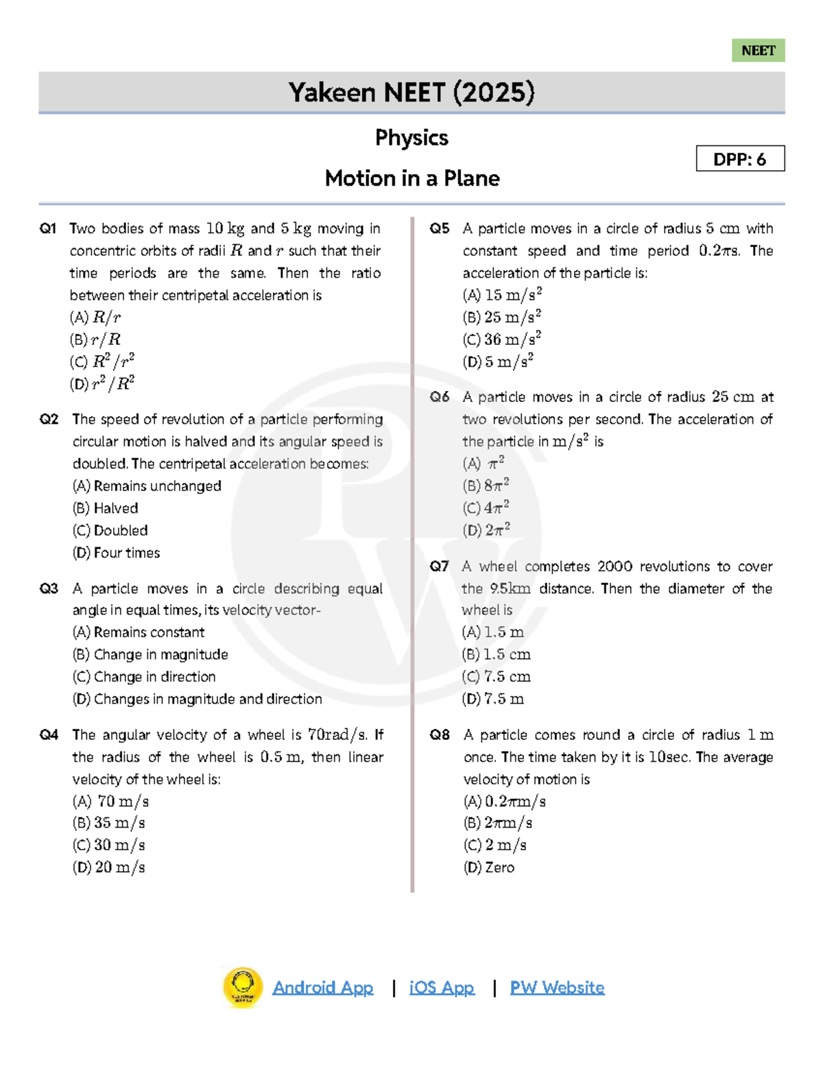 NEET (2025) Physics Motion in a Plane DPP 06 (Lec-11) - Studocu