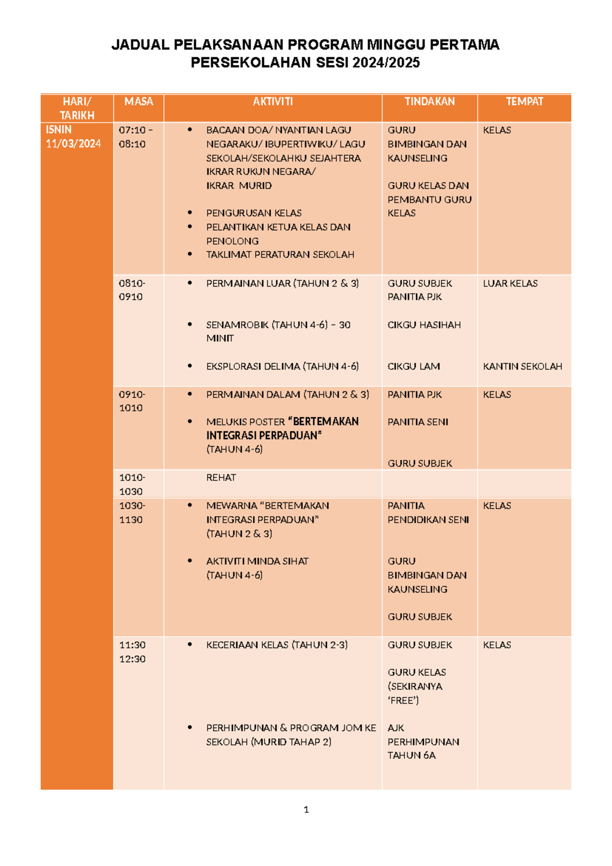 JADUAL AKTIVITI PROGRAM MINGGU PERTAMA 2024/2025 - Studocu