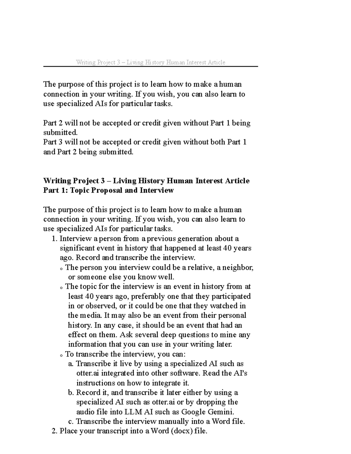 Writing Project 3: Living History Human Interest Article Guide - Studocu