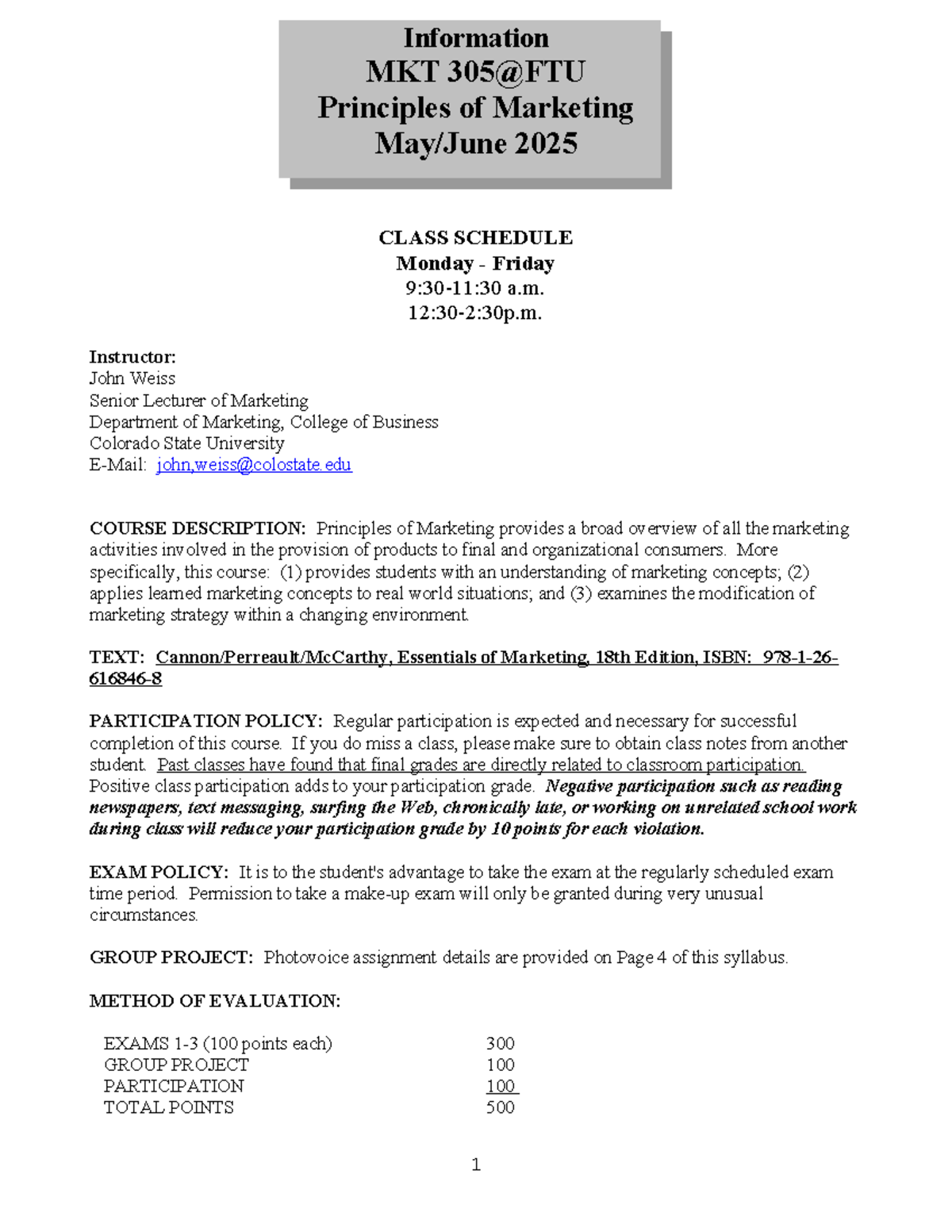 MKT305 (FTU 2025) Principles of Marketing Course Syllabus & Schedule ...