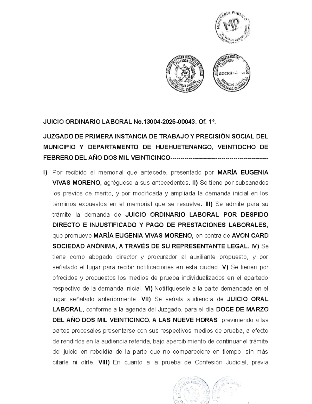 JUICIO ORDINARIO LABORAL - RESOLUCIÓN DE TRÁMITE 2025 - Document Preview