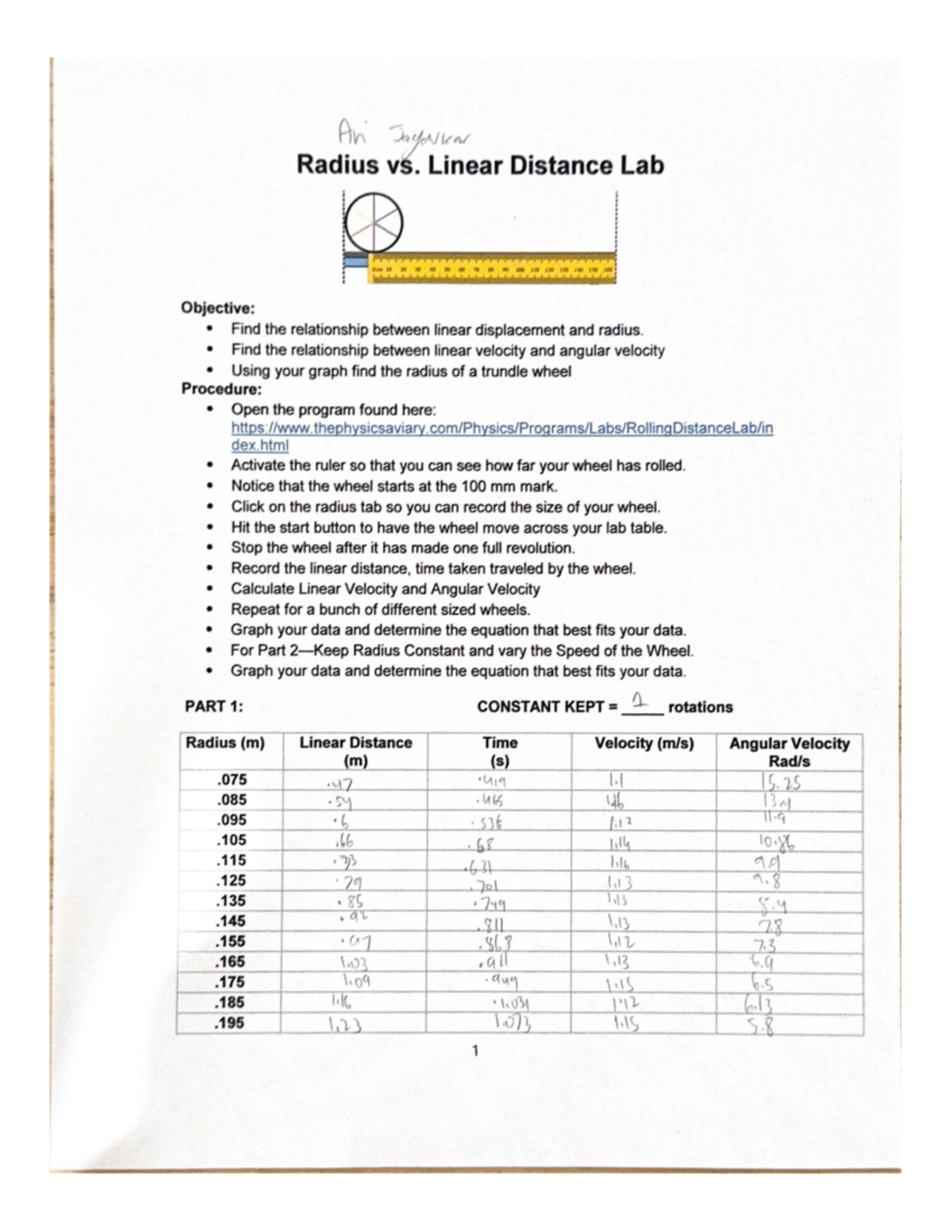 Radius vs. Linear Distance Lab: Exploring Displacement & Velocity ...