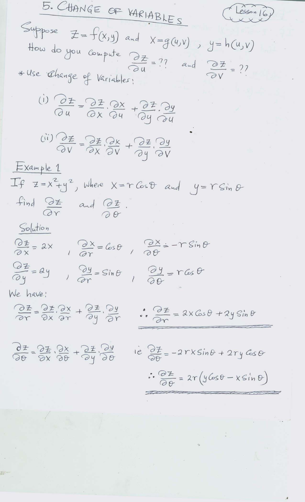 Change of Variables Lesson 16: Computing Derivatives and Examples - Studocu