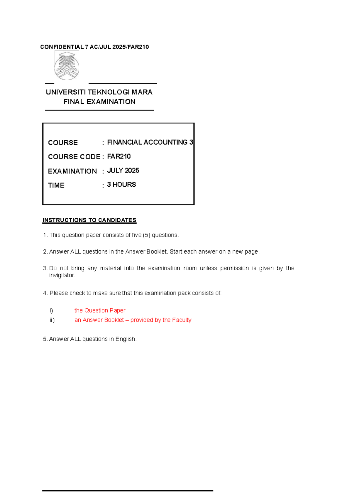 FAR210 Financial Accounting 3 Final Exam Solutions - July 2025 - Studocu
