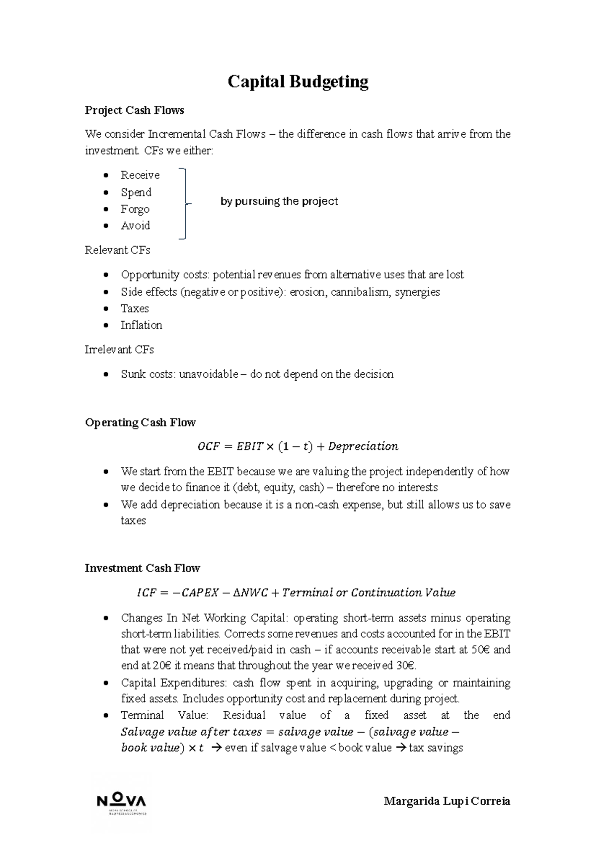 Capital Budgeting Project Cash Flows - Summary Notes - Studocu