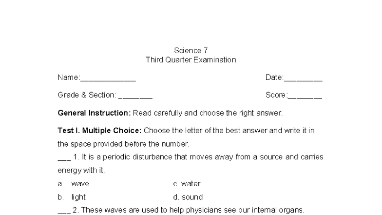 Science 7 - TOS - Science 7 Third Quarter Examination Name ...