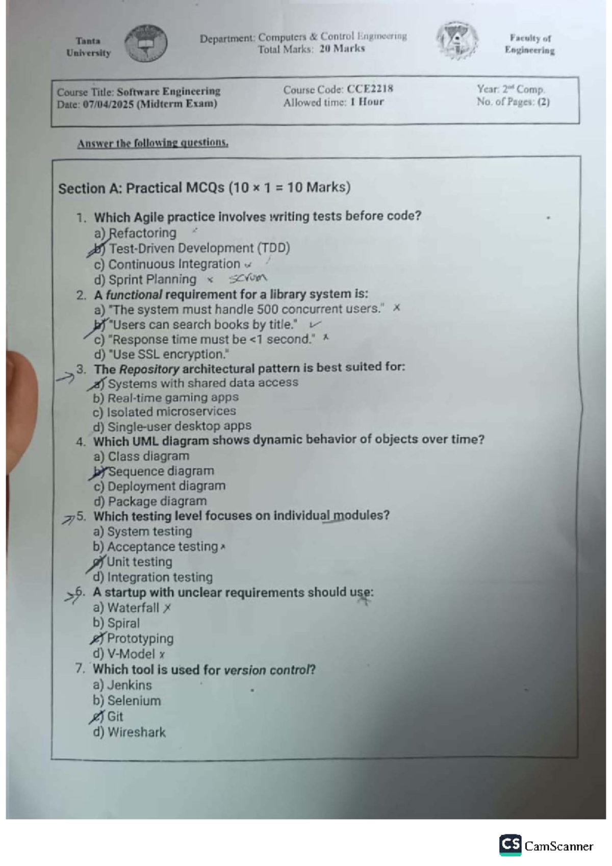 (CCE2218) حاسبات فرقة ثانية Midterm Exam Software Engineering - Studocu