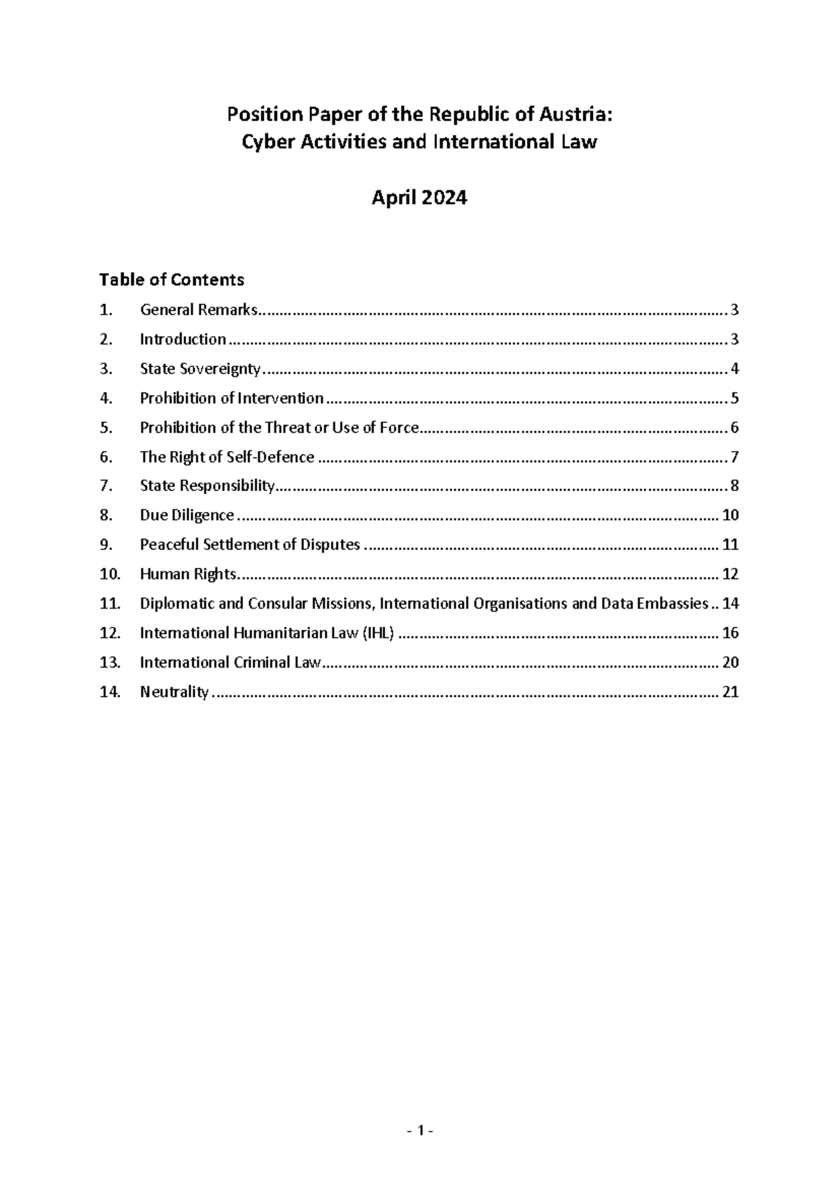 Austrian Position Paper: Cyber Activities & Int'l Law (Final Exam ...