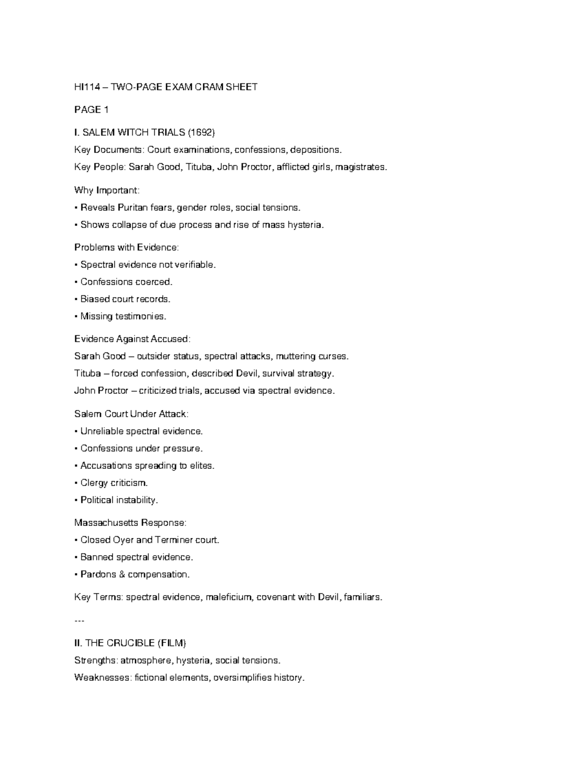 HI114 FINAL EXAM Cram Sheet: Salem Witch Trials & Key Concepts - Studocu