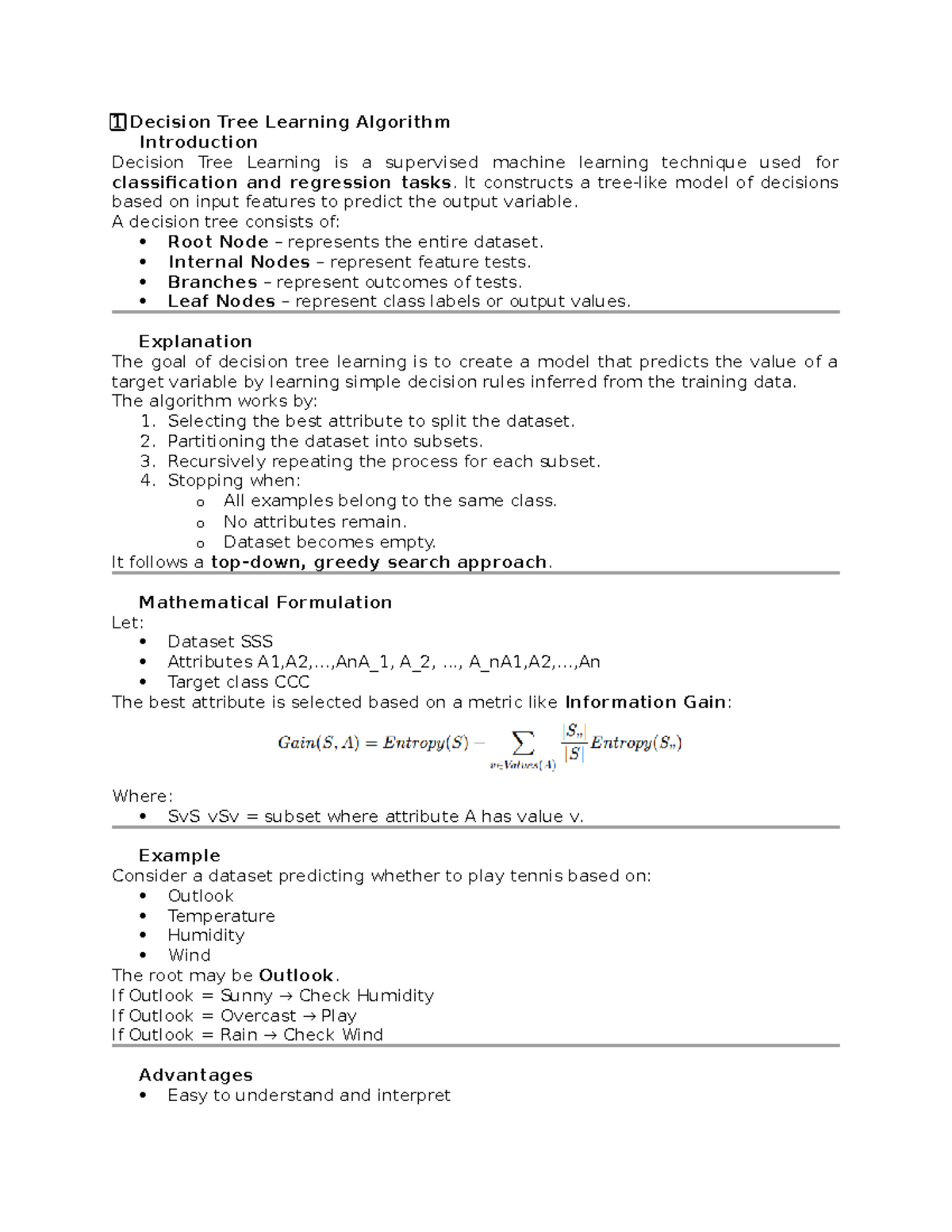 UNIT 3 ML: Introduction to Decision Tree Learning Algorithm - Studocu