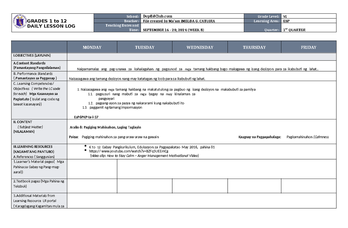 DLL ESP 6 Q1 W8: Daily Lesson Log for Grade 6 - Week 8 - Studocu