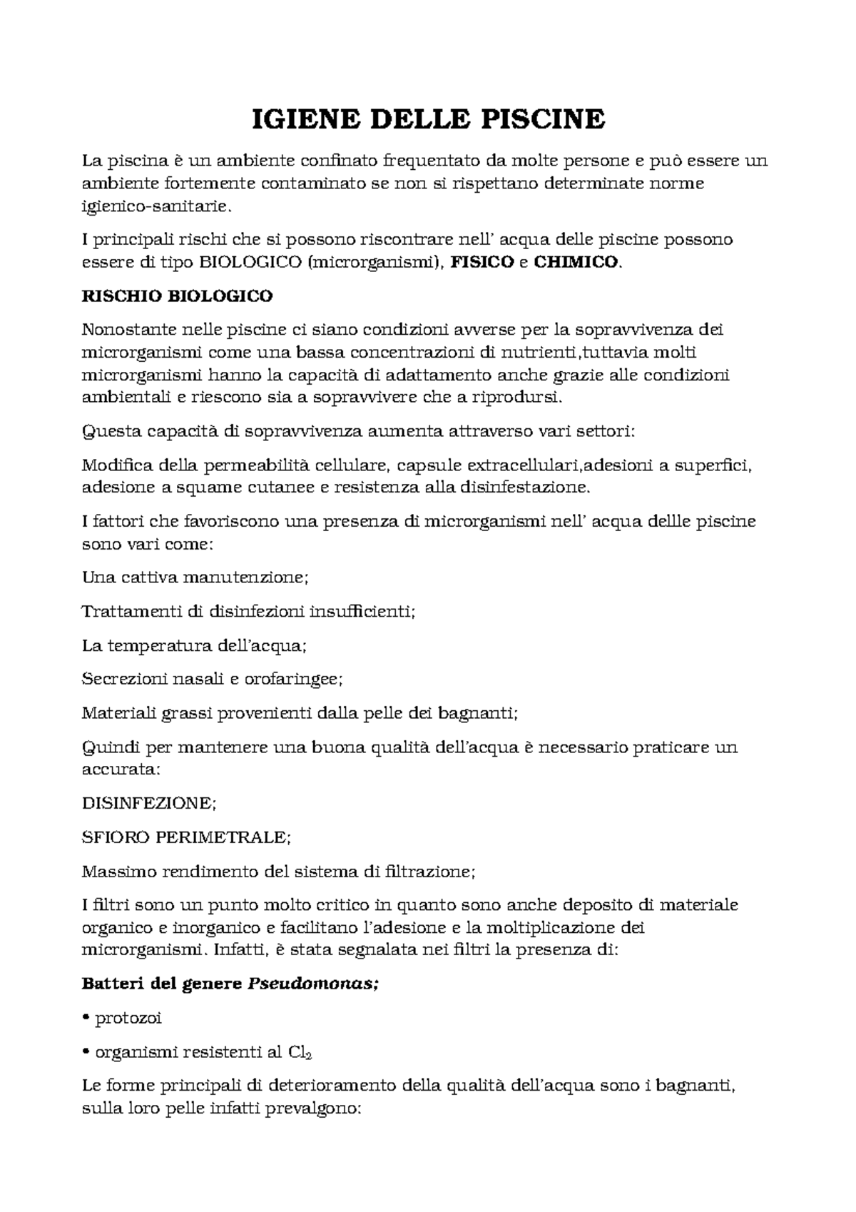 Igiene Delle Piscine: Rischi e Norme per la Salute Pubblica - Document Preview