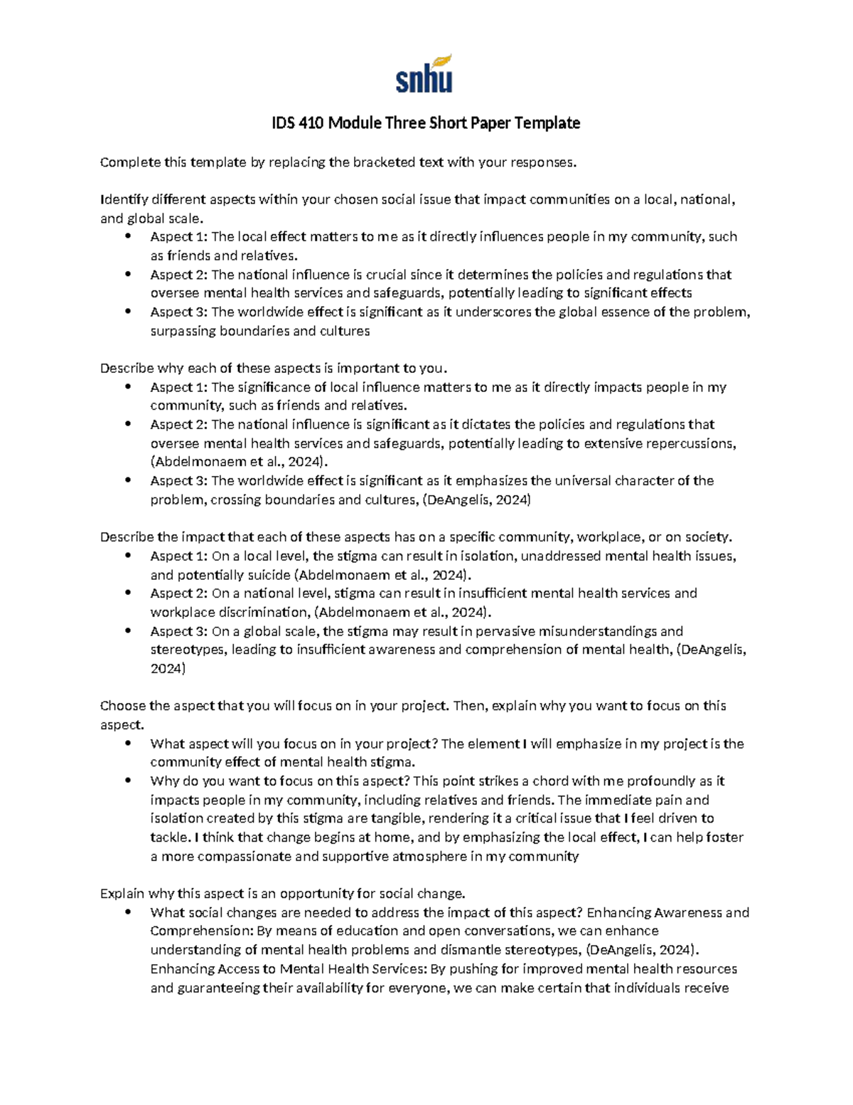 IDS 410 Module Three Short Paper: Addressing Mental Health Stigma - Studocu