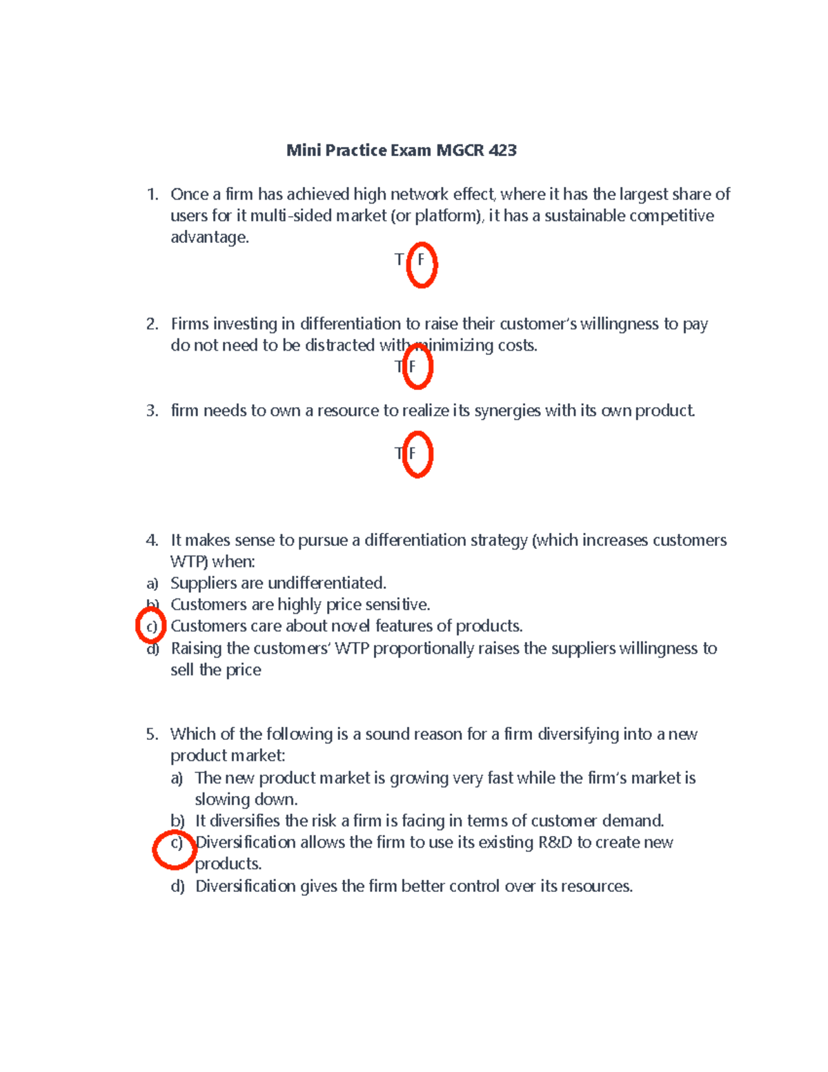 Practice Final Exam Fall 2024 answers Mini Practice Exam MGCR 423