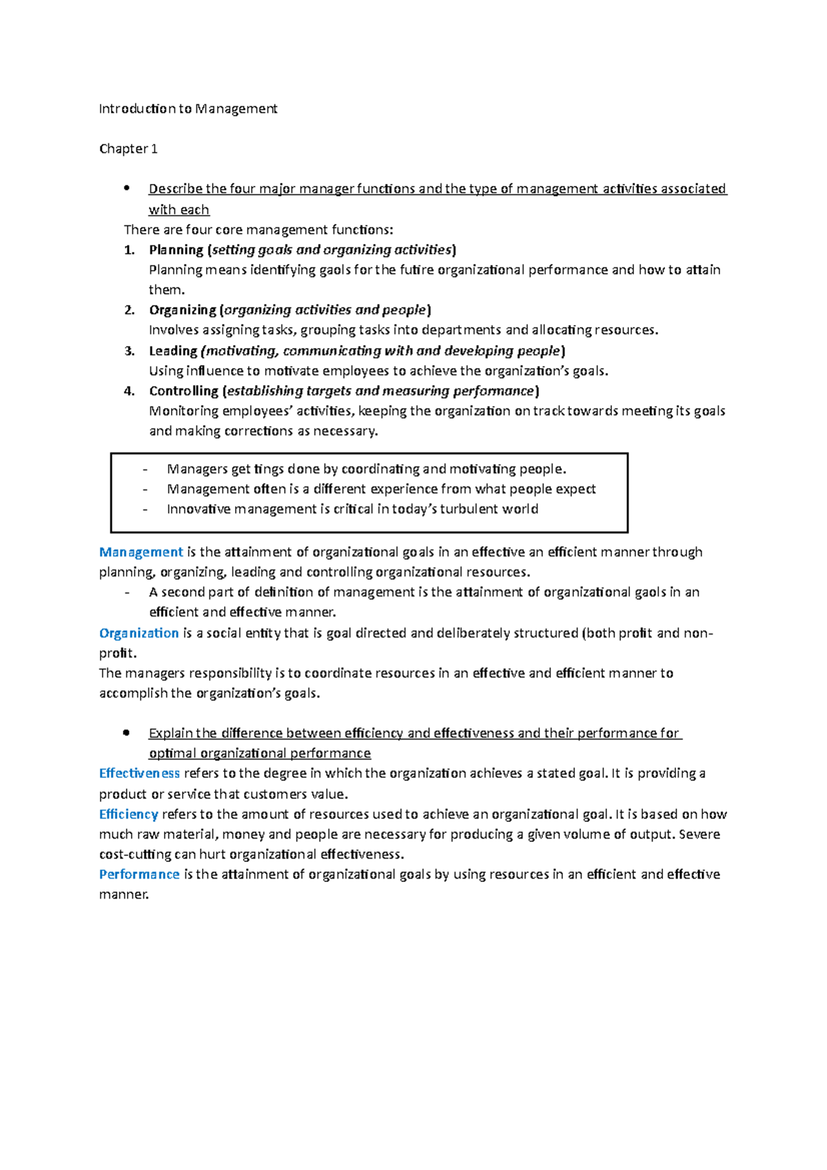 Introduction to Management Summary: Key Concepts from Chapter 1 ...