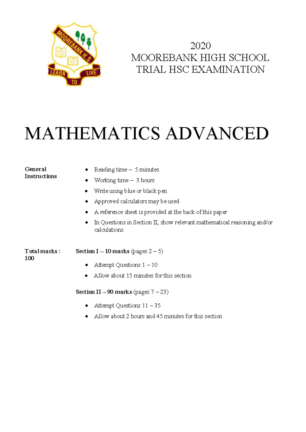 Moorebank HSC Mathematics Advanced Trial Examination 2020 - Studocu
