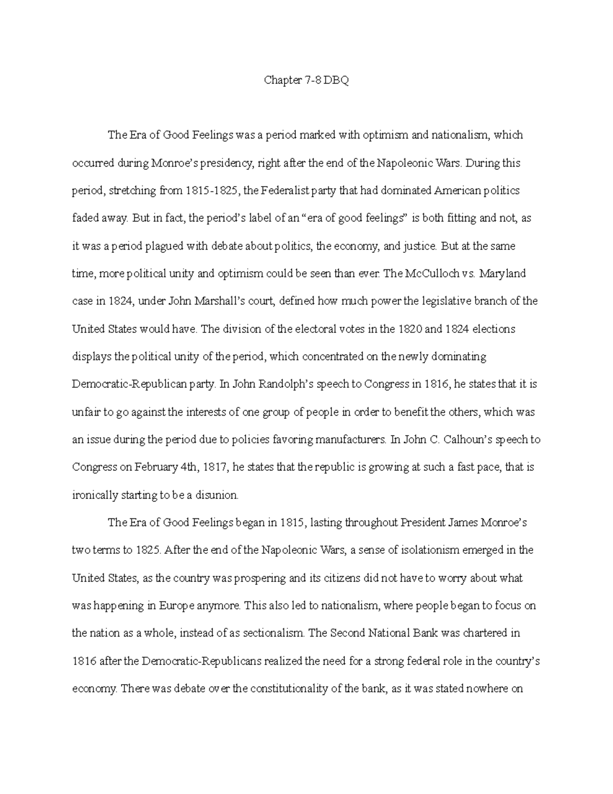 Ch. 7-8 DBQ: Analyzing the Era of Good Feelings (1815-1825) - Studocu