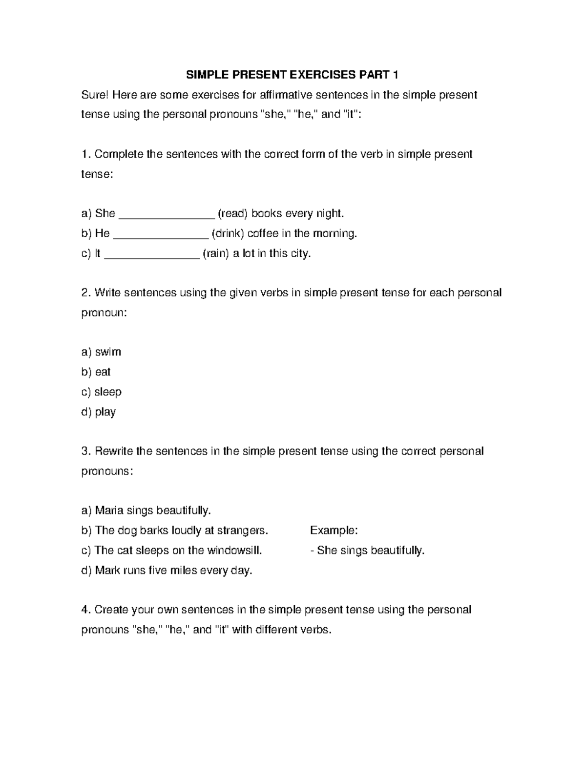 Simple Present Exercises Part 2: She, He, It - Tense Practice - Studocu