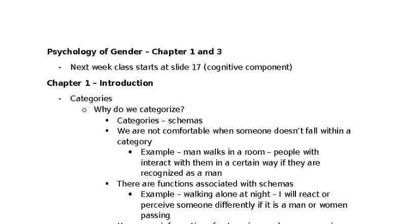 Psychology of Gender - Chapter 1 & 3 Lecture Notes - Studocu