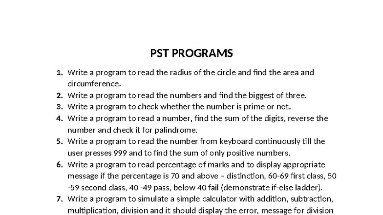 PST Programs List - ADVBH: Circle, Prime, Calculator & More - Studocu