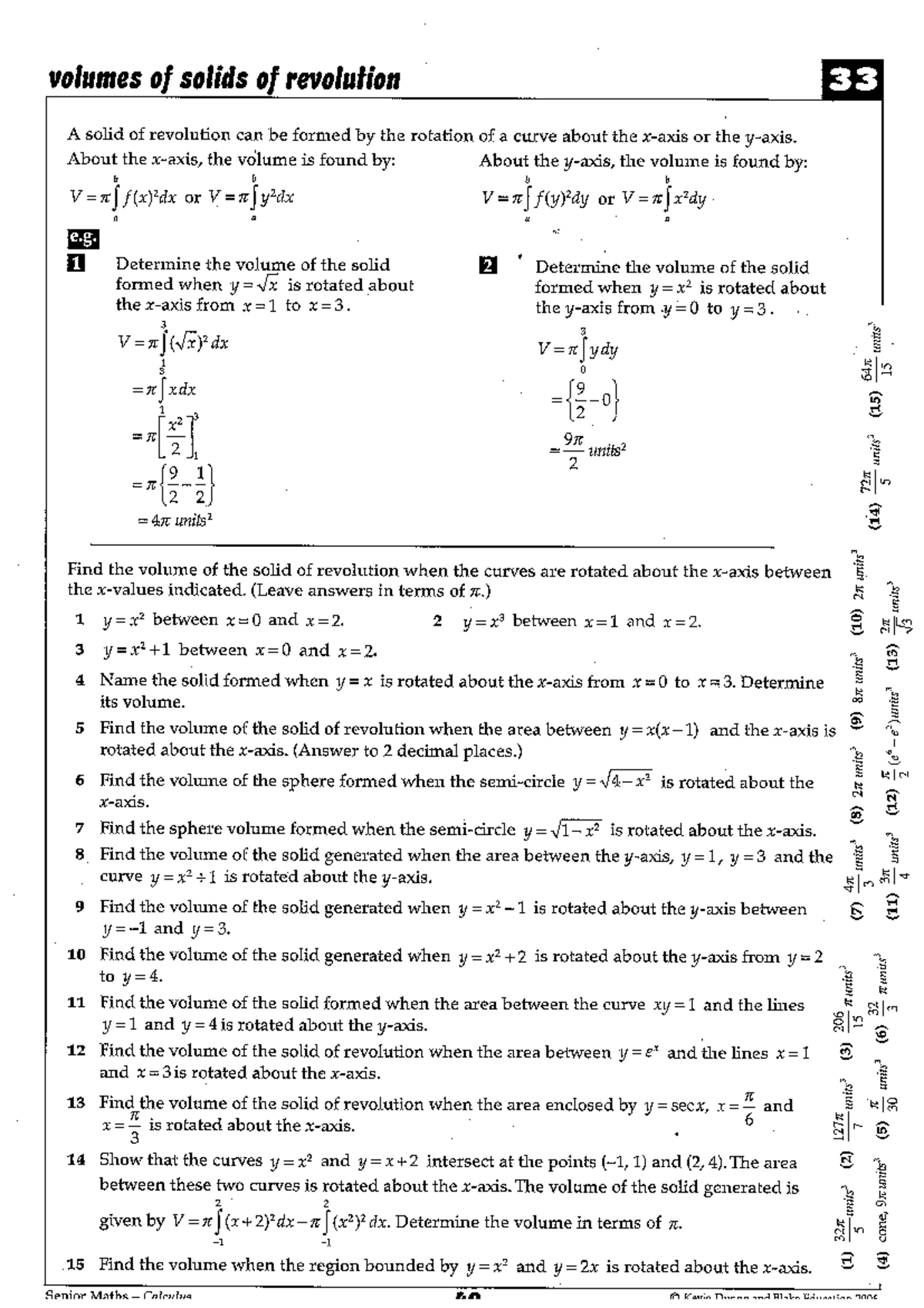 Volume by rotation: Solids of revolution calculations for calculus 33 ...