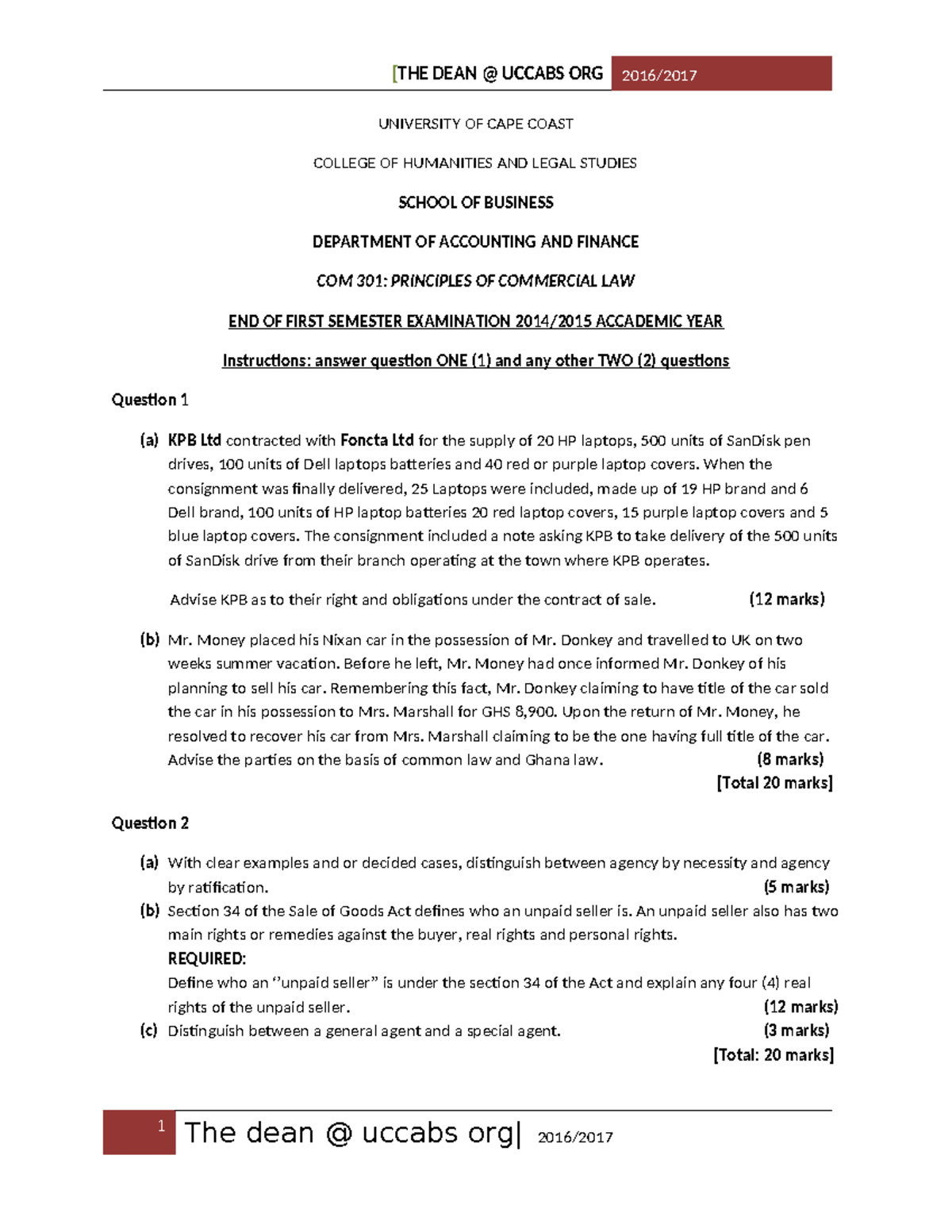 COM 301: Principles of Commercial Law - End of Semester Exam Notes ...