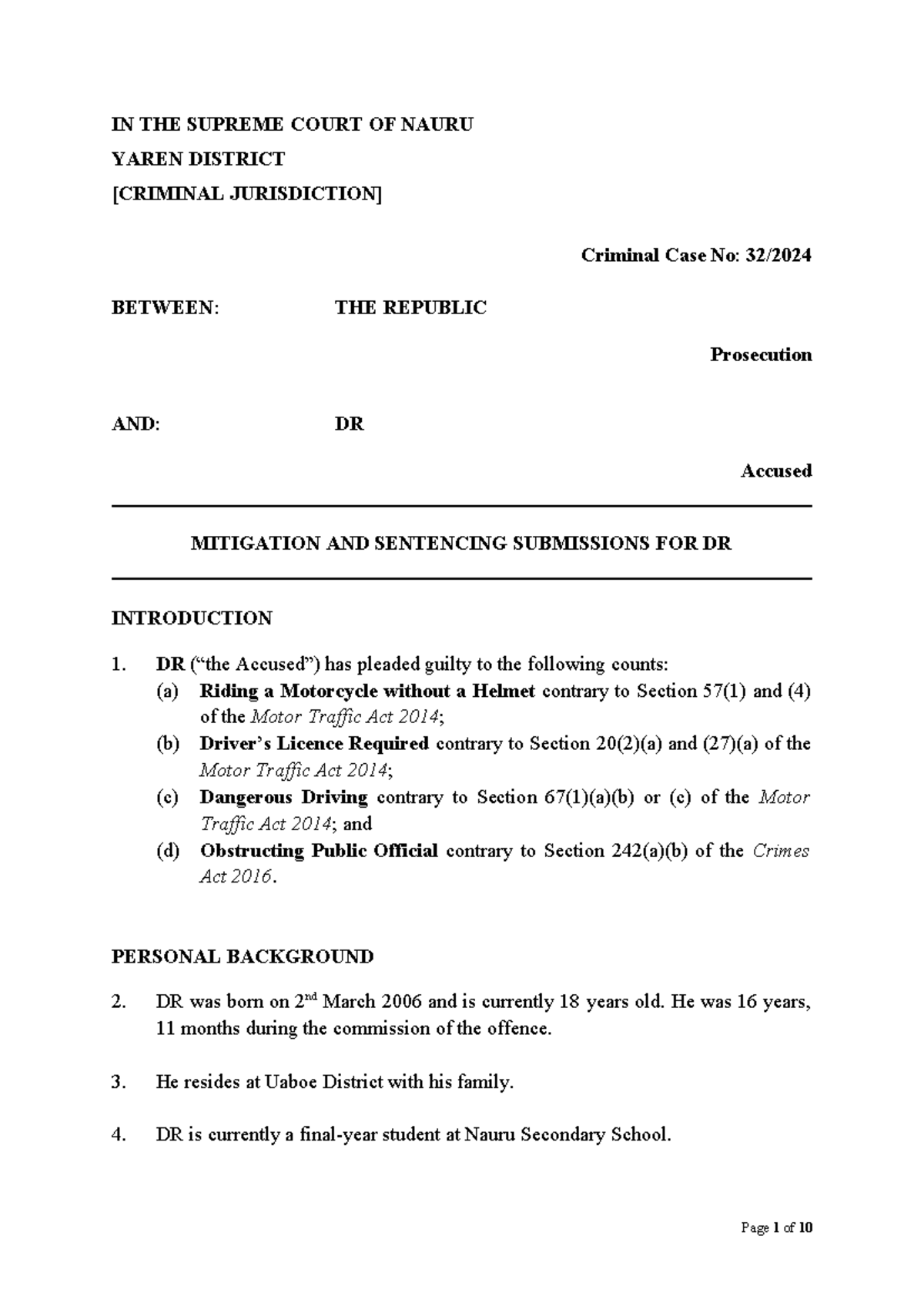 Mitigation and Sentencing Submissions for DR (Criminal Case 32 of 24 ...