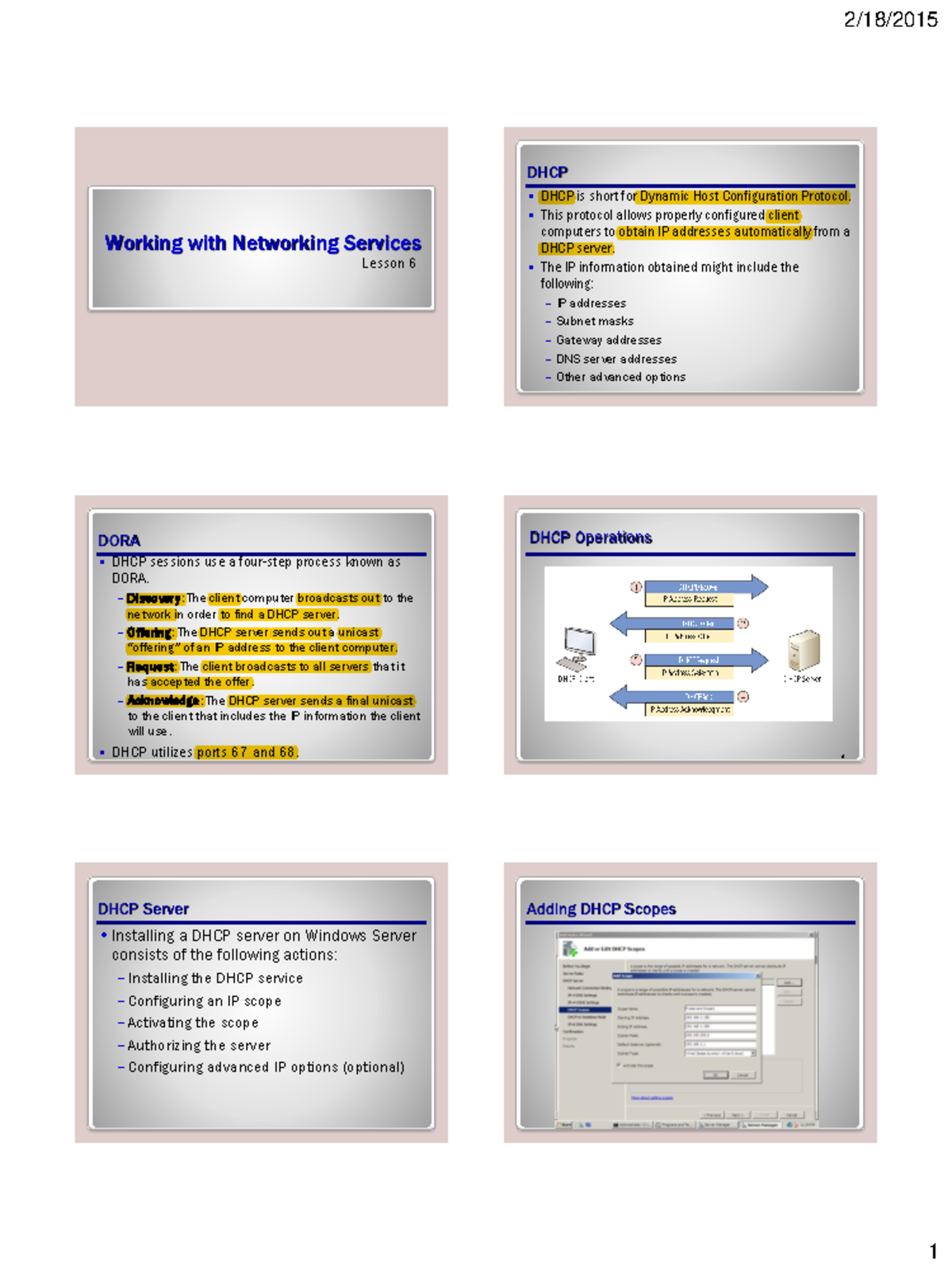 Network 6 - Lecture notes 6 - DHCP Working with Networking Services ...