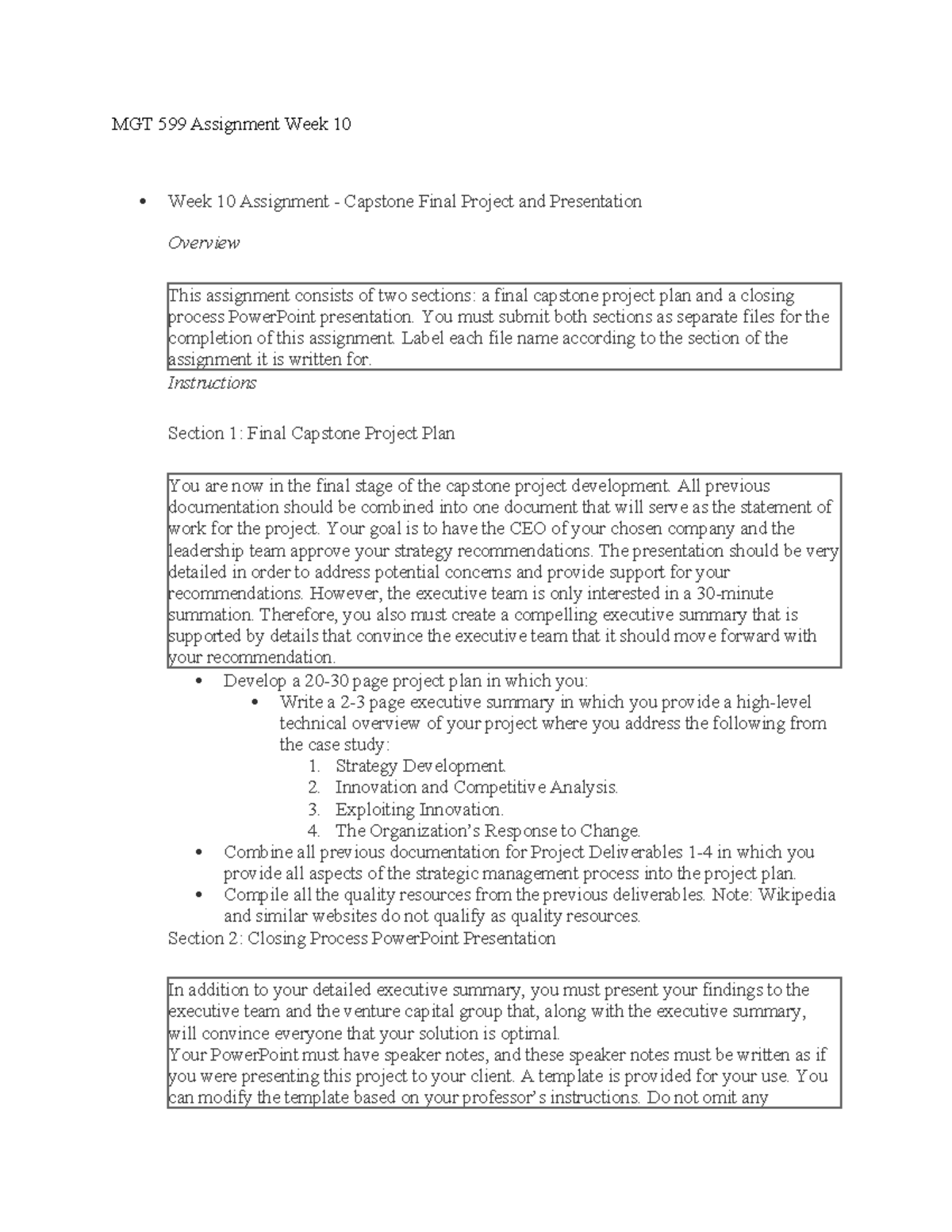 MGT 599 Week 10 Capstone Project Plan & Presentation Overview - Studocu