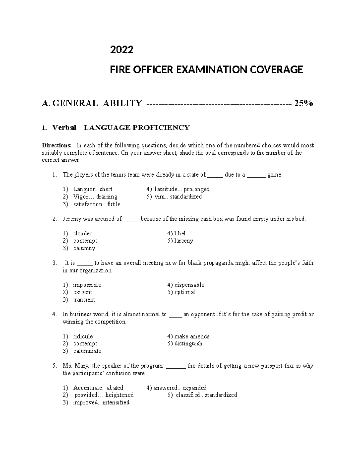 2022 FIRE OFFICER EXAMINATION PRACTICE MATERIAL - LANGUAGE PROFICIENCY ...