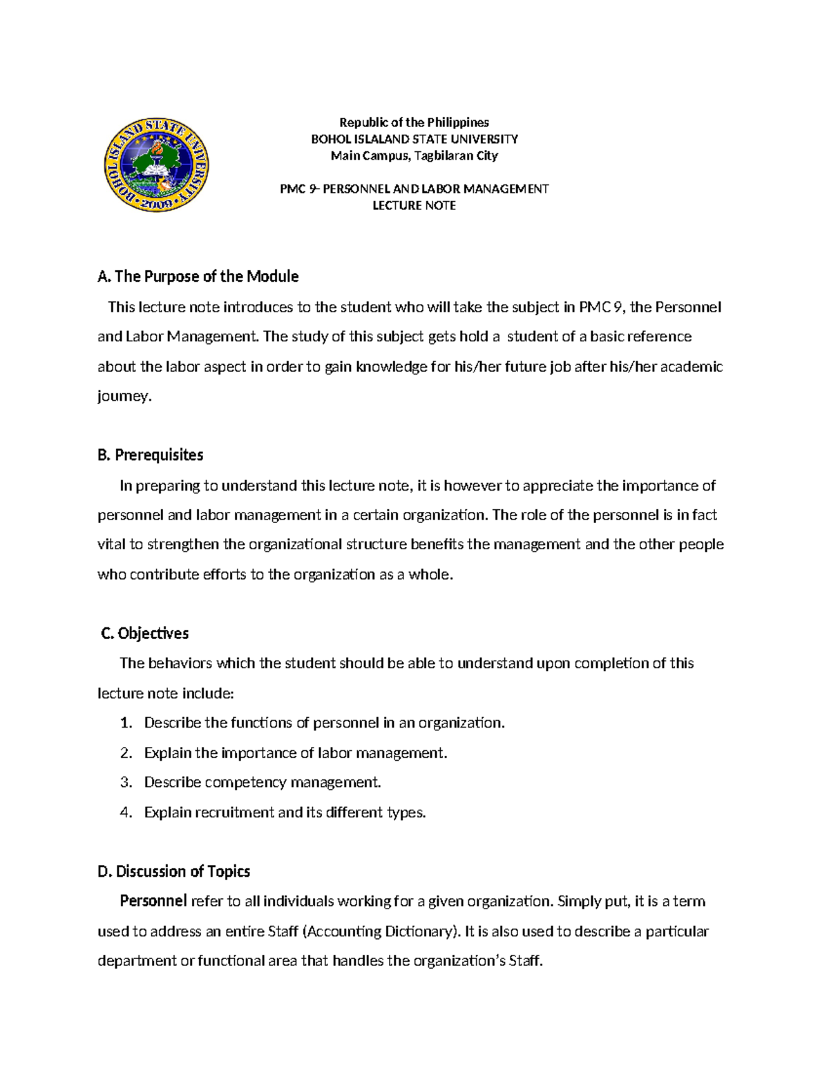 PMC9-3 Lecture Notes on Personnel and Labor Management - Studocu